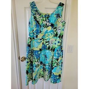 Studio I Dress Size 18 Blue Floral Scoop Neck Cotton Sleeveless‎ Zip